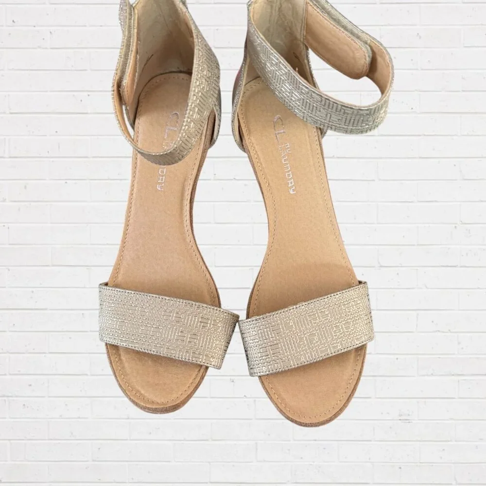CL by LAUNDRY Metallic Ankle Strap Wood Wedge Summer Sandals Heels 6.5